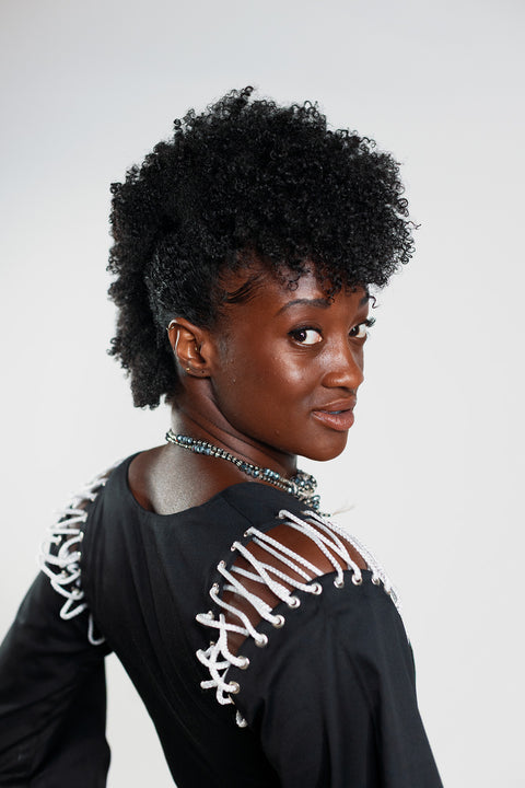 Laced Flared Sleeve crop top – Cargo Black - Female