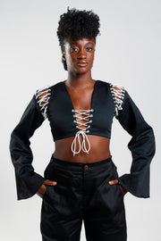 Laced Flared Sleeve crop top – Cargo Black - Female