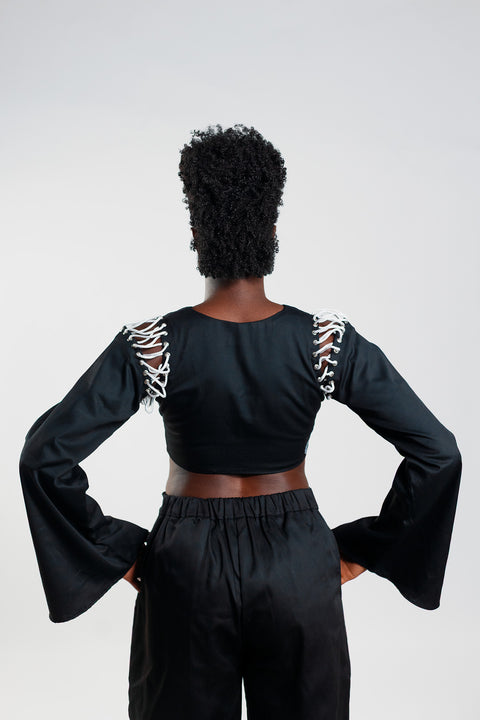 Laced Flared Sleeve crop top – Cargo Black - Female
